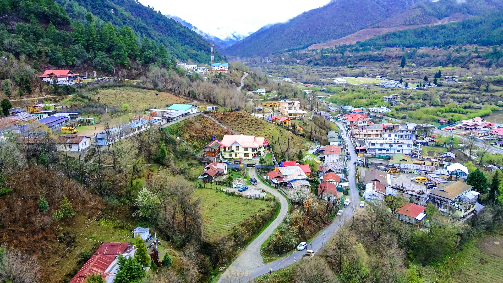 Aerial drone view of Shergaon village Arunachal Pradesh